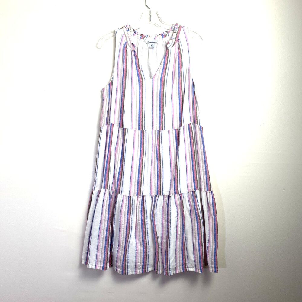 Tommy Bahama Mykonos Dress M Striped Linen Blend Tiered Metallic Beachy Vacation